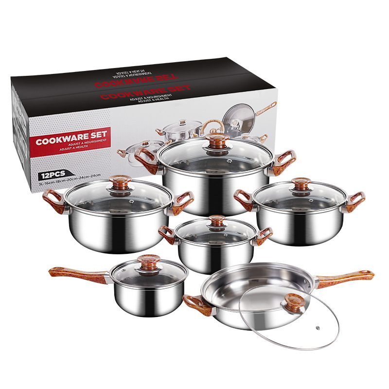 12-Piece Premium Stainless Steel Cookware Set Non-Stick Frying Pan Pots &amp; Kettle Essential Kitchen Essentials for Home Cooking