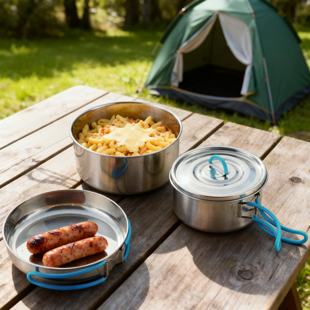 Factory Price Stainless Steel Mirror Polished Lightweight Outdoor Camping Cooking Portable Set Cookware And Kitchen Utensils