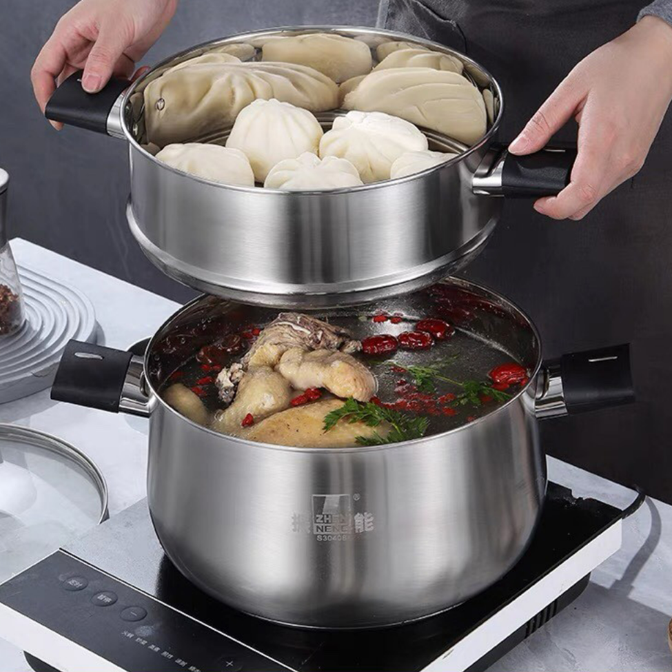Sustainable 304 Stainless Steel Steamer Pot Premium Finish Soup Stock Pot Multi-Function Cookware For Balanced Diets