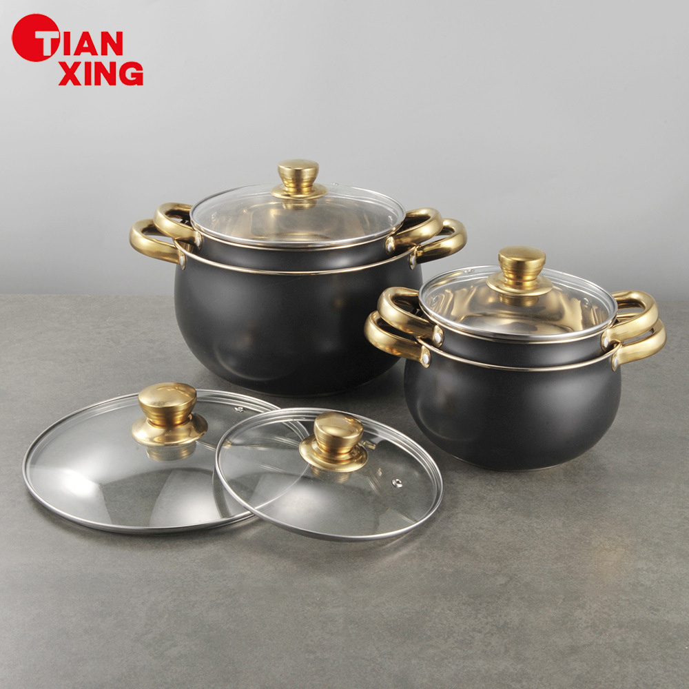 TIANXING 8-piece Stainless Steel Cookware Set Gold Handle Soup &amp; Stock Pots Black Casserole Set Induction Cooking Pot Set