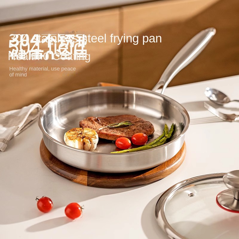 304 Stainless Steel Uncoated Thickened Three-Layer Steel Induction Gas Universal Frying Pan No Lid Hand Grip Material None Home