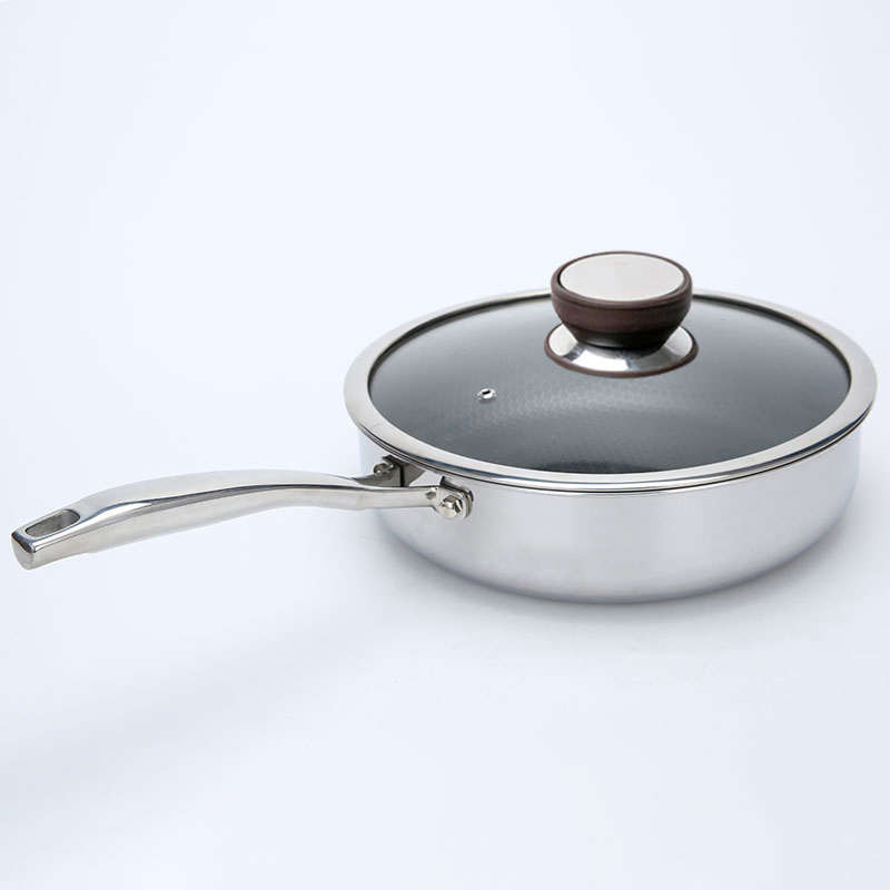 Stainless Steel 304 Triply Honeycomb Frying Wok Cooking Saute Pan with Glass Cover