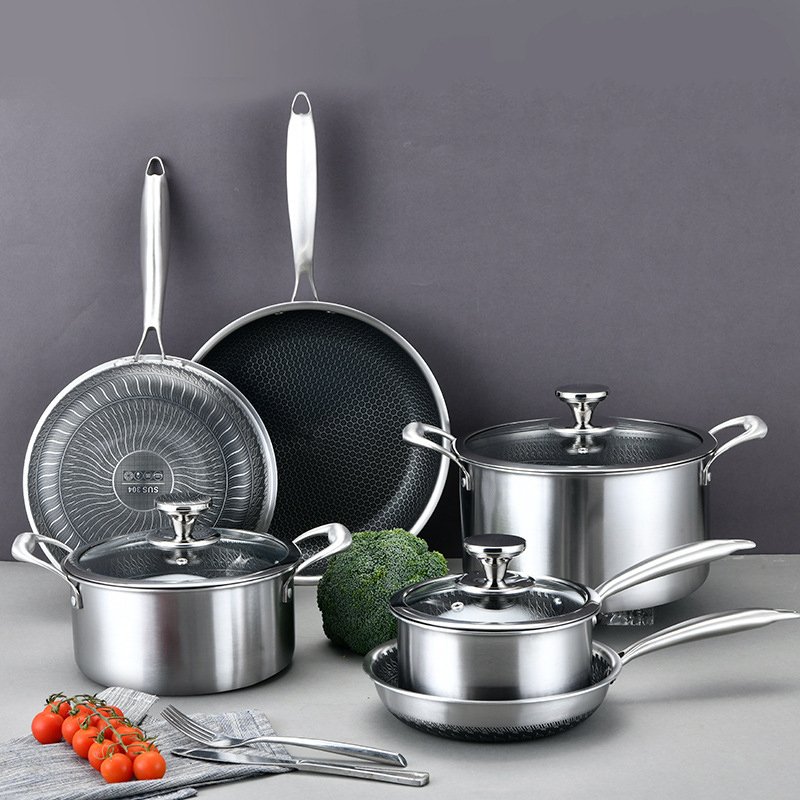 PFOA Free Induction Wok Pan Skillet Saucepan Pot Cooking Tri Ply Stainless Steel Honeycomb Non-stick Frying Pan Cookware Set