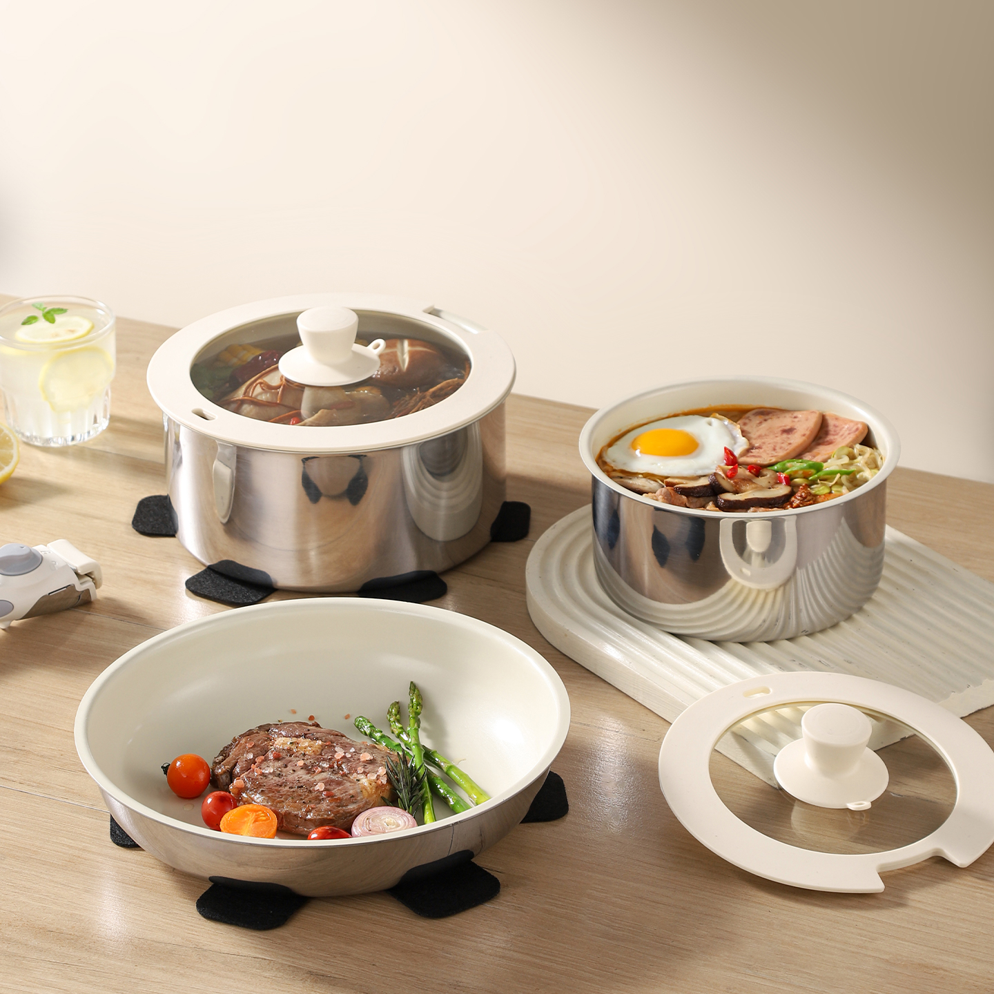 Stainless Steel 304 8-Piece Internal Ceramic Coating Detachable Handle Gas Induction Ready Cookware Set Frying Pan Saucepan