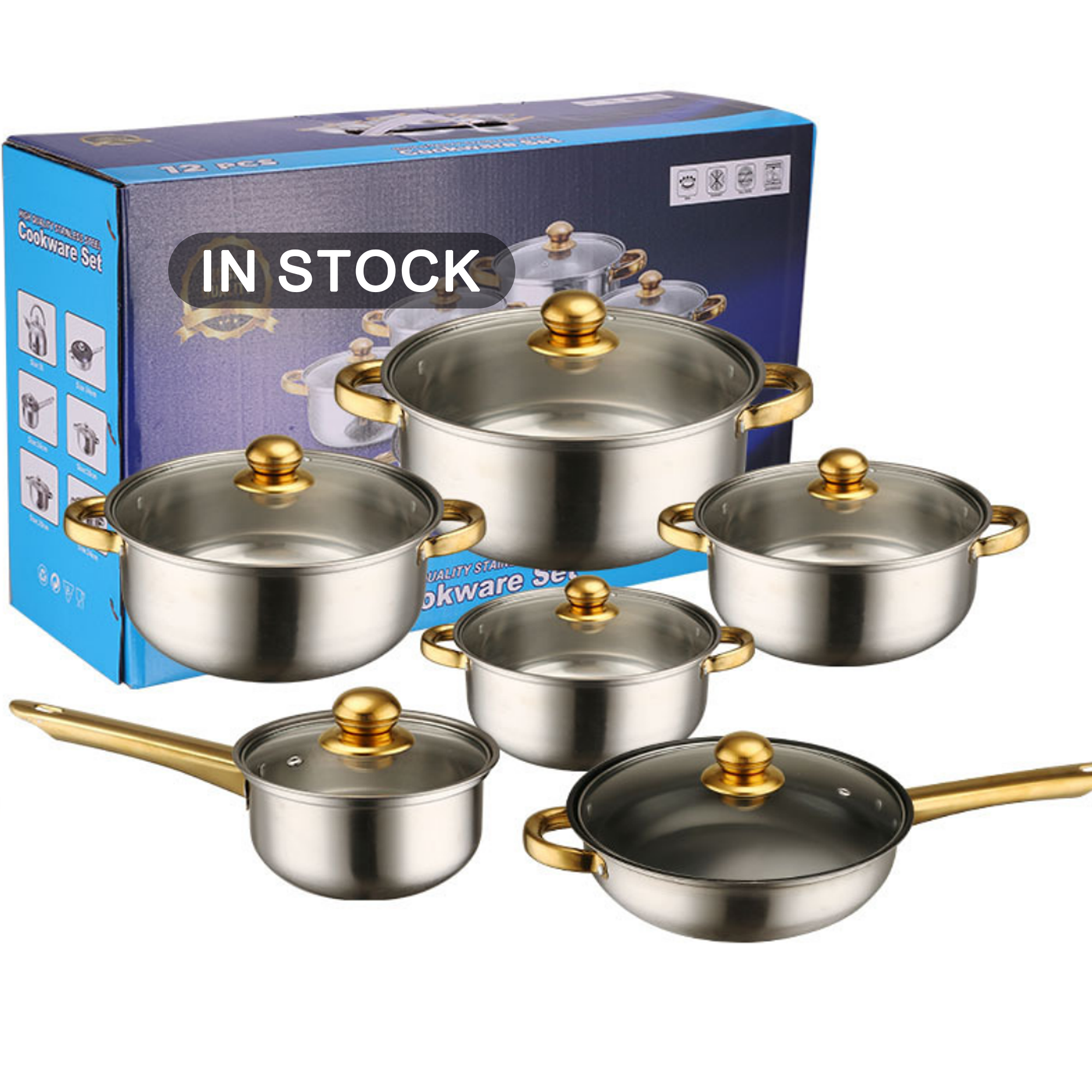 Stock 12-Piece Anti-Rust Stainless Steel Cookware Set Non-Stick Kitchenware Including Fry Pan Cooking Pot for Kitchen Use Metal