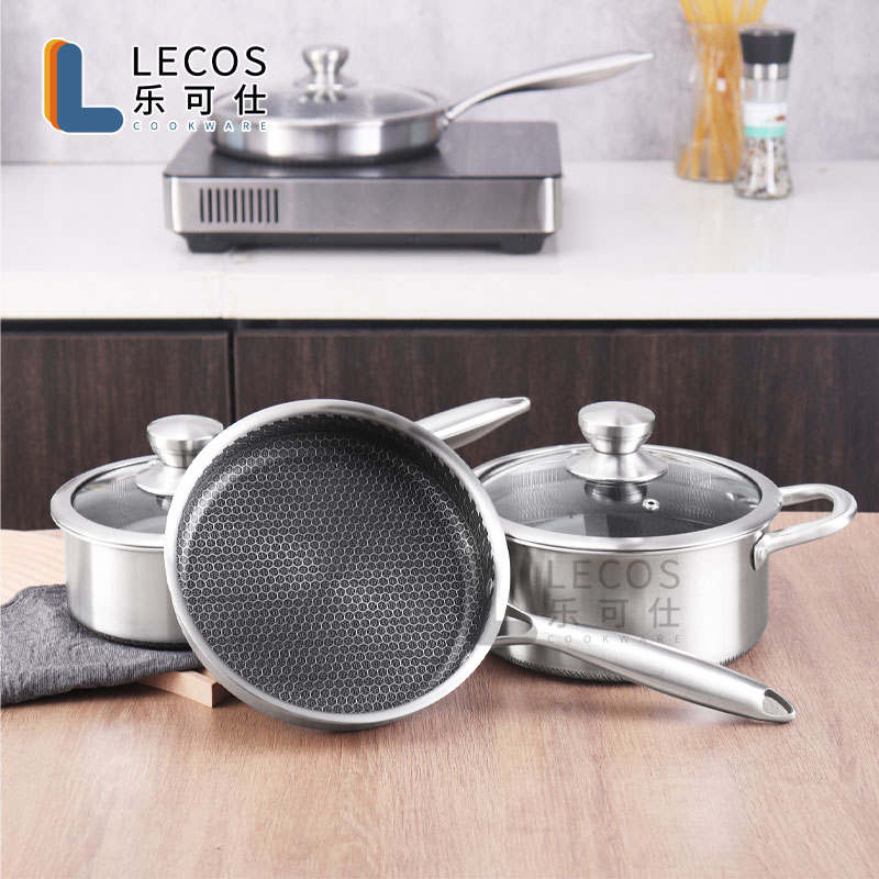 Wholesale OEM Maitre Chef Cookware Cooking Double Sided Non-stick Honeycomb Coating Tri-ply 304 Stainless Steel Pots and Pans