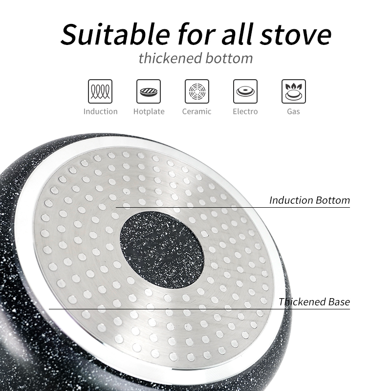 Customization Classic Die Cast Aluminum 10-Piece Black Marble Non-Stick Cookware Set Induction Ready Glass Cover 16-28cm Soup