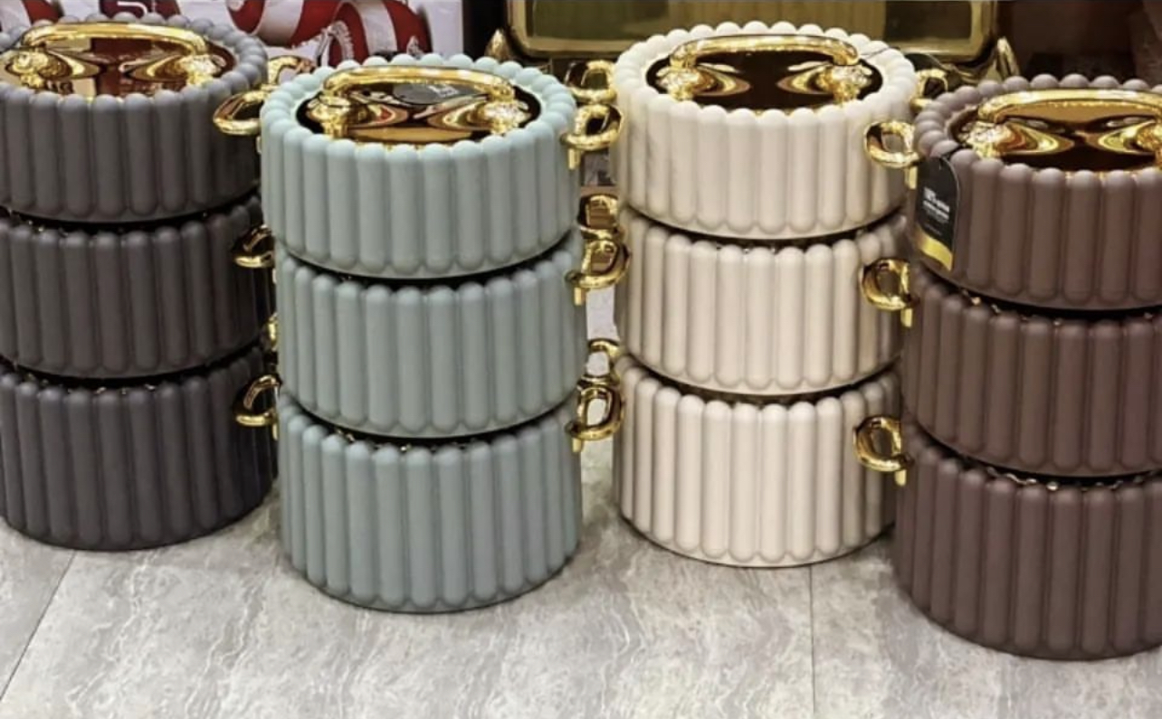 New Premium Luxury Gold Column Type Food Warmer Casserole Set 3 Pcs Stainless Steel Food Insulated Box Kitchen Utensils
