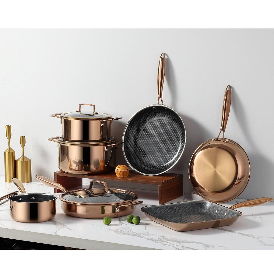 Professional Chef Eco-Friendly Stainless Steel Cookware Sets Classic 12-Piece Glass Covers Hybrid Non-Stick Frying Pan Saute