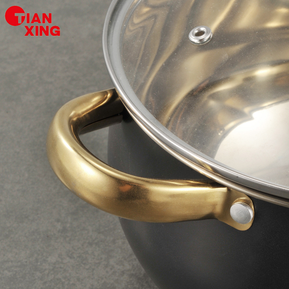 TIANXING 8-piece Stainless Steel Cookware Set Gold Handle Soup &amp; Stock Pots Black Casserole Set Induction Cooking Pot Set