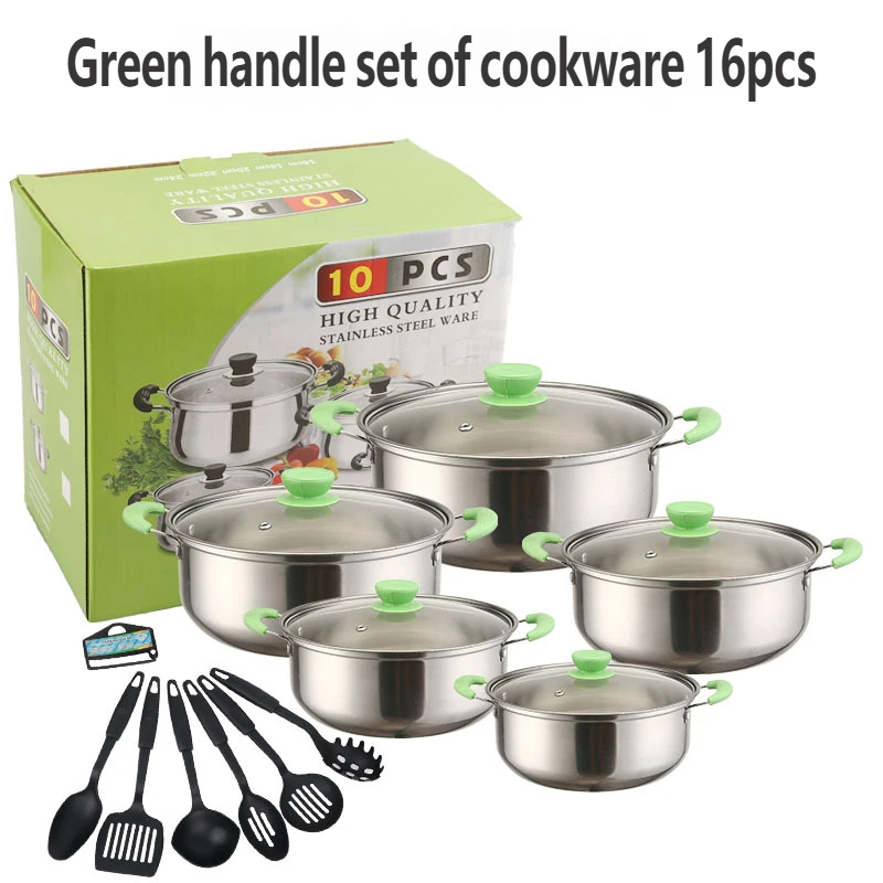 Stainless Steel 10-Piece Smokeless Pot Set Glass Lid Tube Handle Gas Ready Casserole Saucepan Multi-Layer Base Sizes 16-24cm