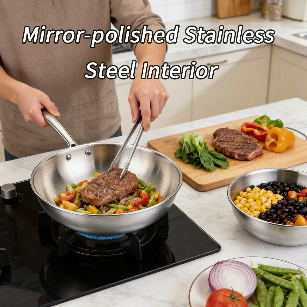 Tri-ply Full Clad Modern Stainless Steel Wok Professional Cookware 4-5L Oven Safe &amp; Induction Compatible