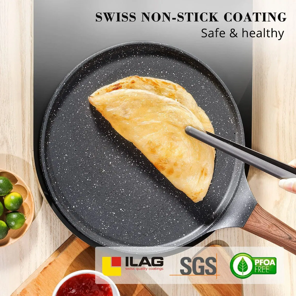 Nonstick-Crepe-Dosa-Pan Pancake Flat-Skillet Tawa-Griddle 10-Inch with Stay-Cool Handle Induction-Compatible Pfoa Free