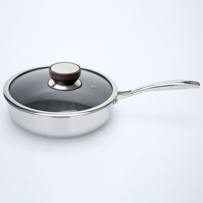 Stainless Steel 304 Triply Honeycomb Frying Wok Cooking Saute Pan with Glass Cover