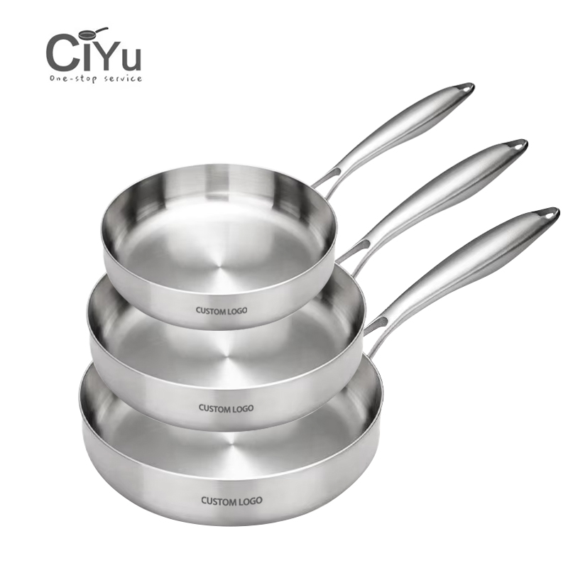 OEM/ODM 20-32cm Hollow Handle Restaurant Chinese Round Deep Non Stick Skillet Triply 304 Stainless Steel Frying Pan No Toxic