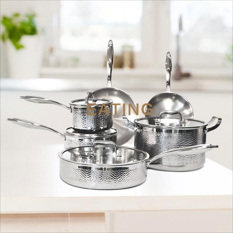 10 PCS High Quality Wholesale 3 Layers Tri-ply Stainless Steel Pots and Pan Hammered Cookware Set Saucepan for Home Frying Pan