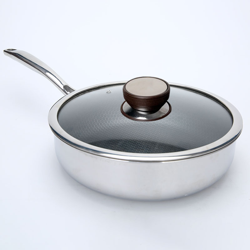 Stainless Steel 304 Triply Honeycomb Frying Wok Cooking Saute Pan with Glass Cover