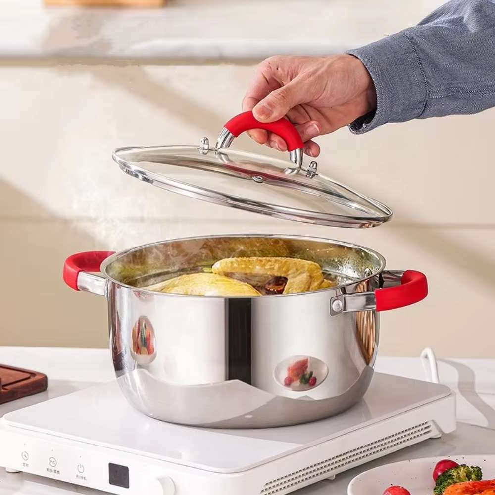 16 Piece All in One Kitchenware Casserole Fry Pan Saucepan Soup Pot Stainless Steel Cookware Set with Silicone Handle