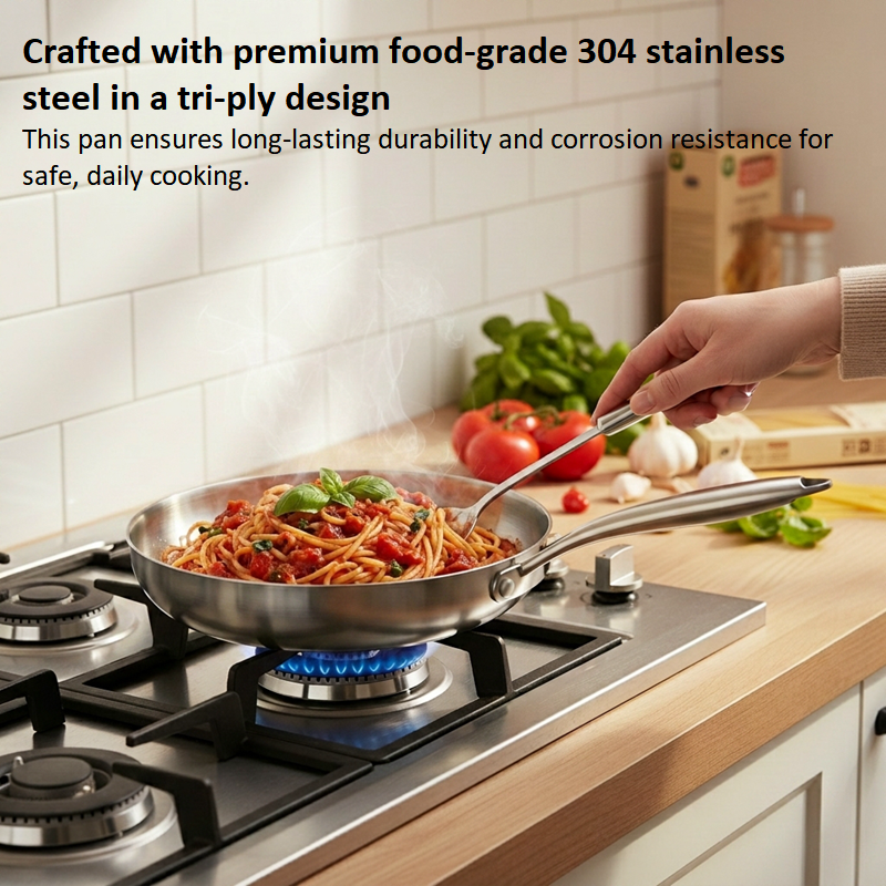 Tri-Ply Fry Pan 22/24/26/28CM 304 Stainless Steel Pan With Lid Kitchen Frying Pan Induction Gas Cooker
