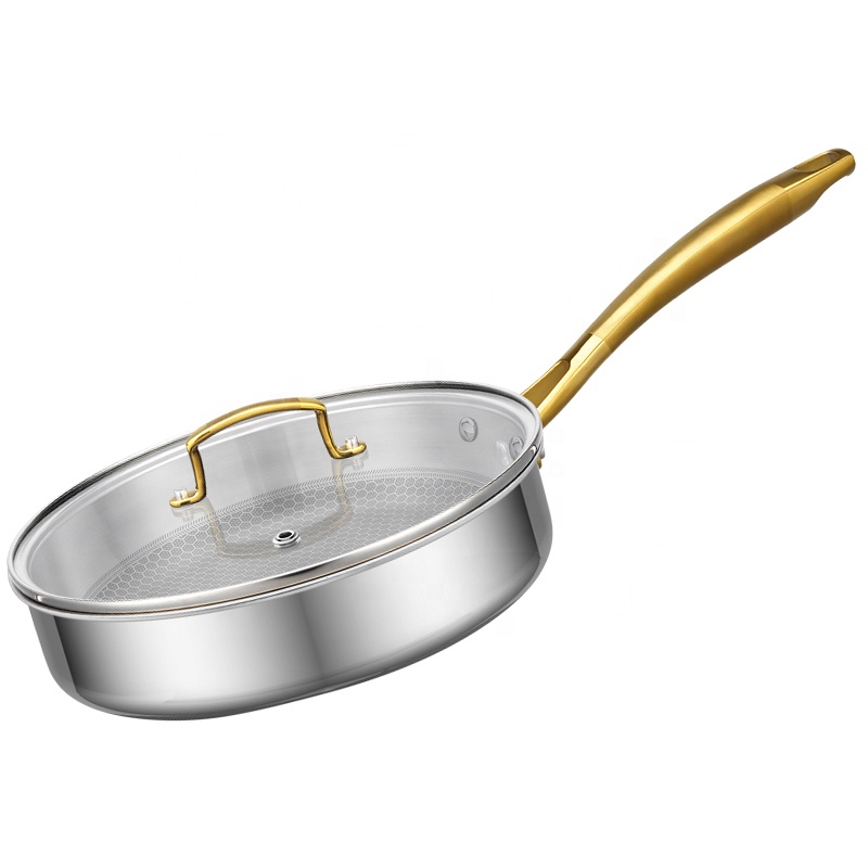 Custom Cookware 18-24cm Tri-ply Stainless Steel Gold Handle Induction Bottom Stock Pot Dutch Oven Cooking Pot Casserole