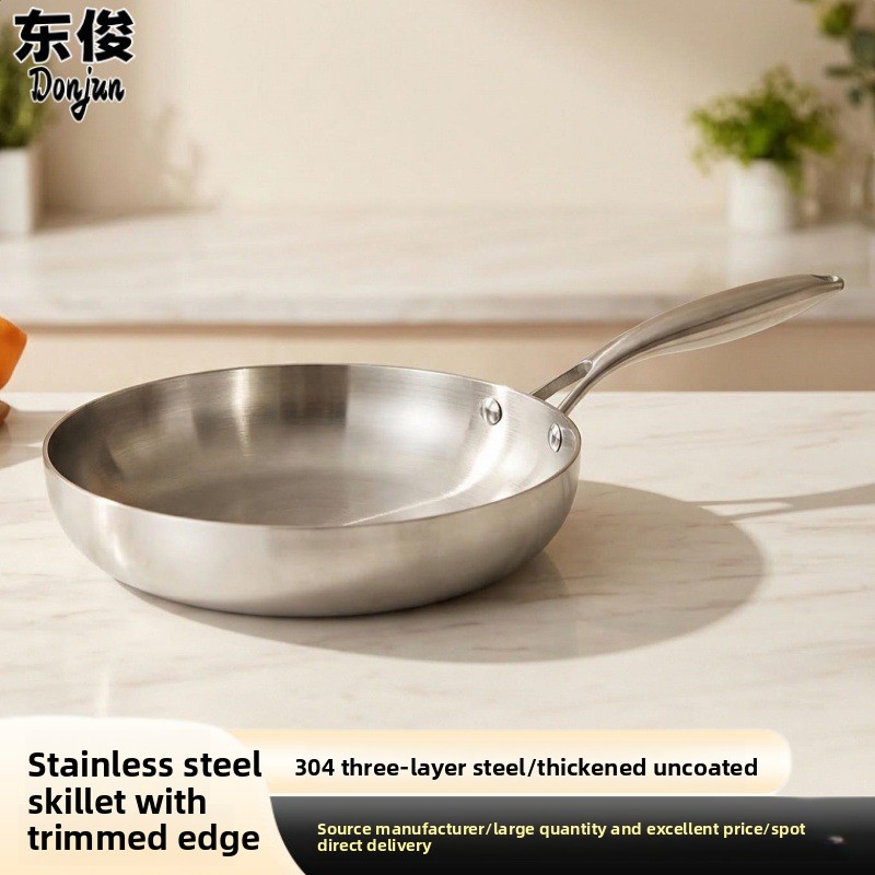304 Stainless Steel Three-Layer Non-Stick Frying Pan Wok Thickened Coating-Free Flat-Bottomed Aluminum Base Universal Gas