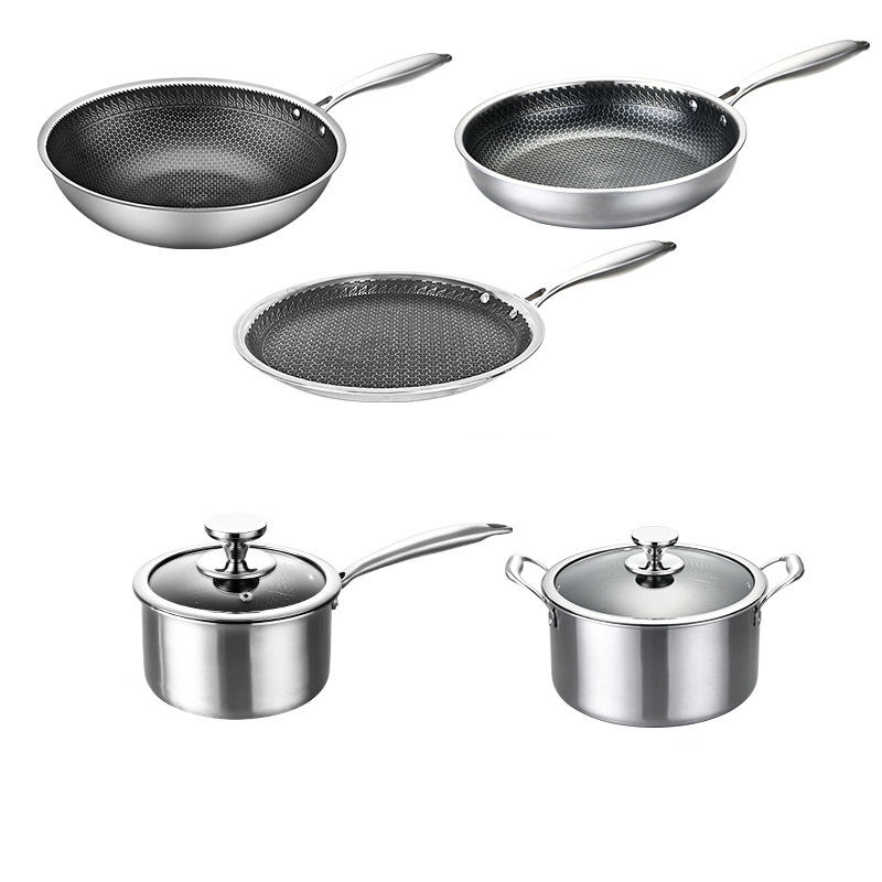 PFOA Free Induction Wok Pan Skillet Saucepan Pot Cooking Tri Ply Stainless Steel Honeycomb Non-stick Frying Pan Cookware Set