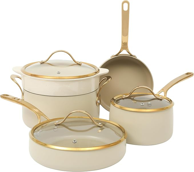 RONTYAN 8-Piece Cookware Set, Heavy Duty Aluminum Premium PFA-Free Ceramic Nonstick Cookware Set - Almond Cream with Gold Handle