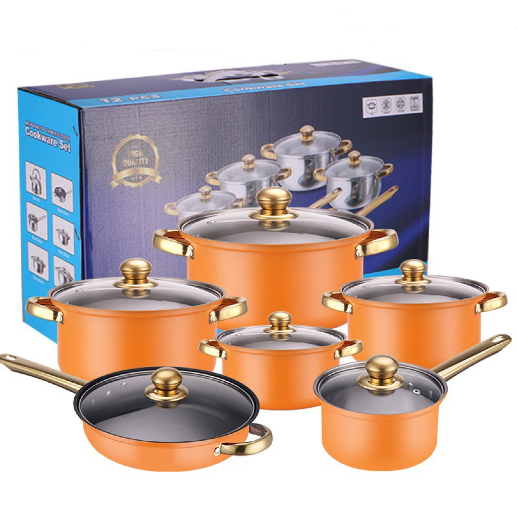 Stock 12-Piece Anti-Rust Stainless Steel Cookware Set Non-Stick Kitchenware Including Fry Pan Cooking Pot for Kitchen Use Metal