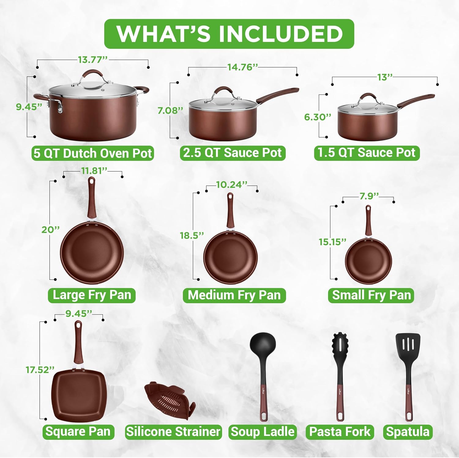 20 Piece Brown Professional Home Kitchen Cookware and Bakeware With Pots and Pans Nonstick Kitchenware With Handles