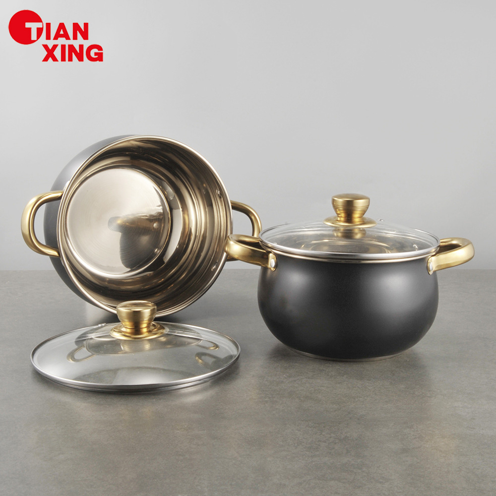 TIANXING 8-piece Stainless Steel Cookware Set Gold Handle Soup &amp; Stock Pots Black Casserole Set Induction Cooking Pot Set