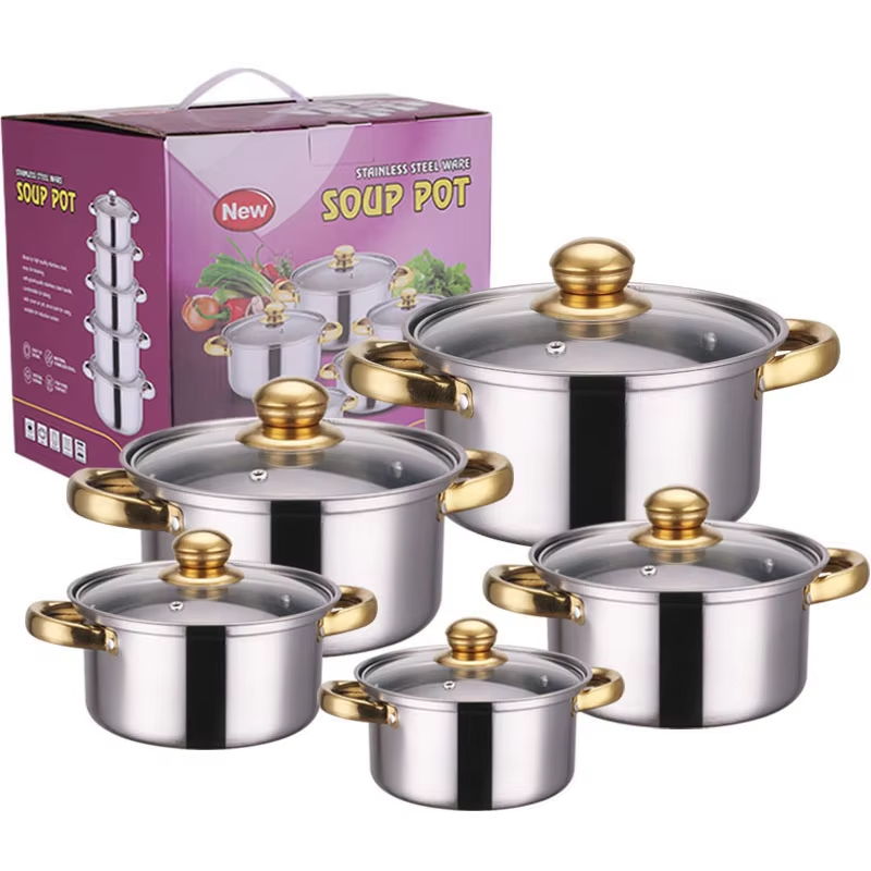 Wholesale 10pcs 16-24cm Stainless Steel Pots And Pans Gold Handle Soup Pots Cooking Pots Casserole Set Kitchen Cookware Sets