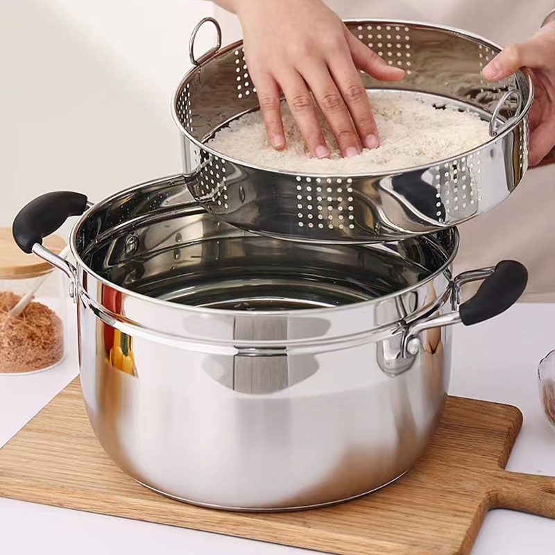 BSCI Certified 2-Tier 26cm Stainless Steel Steamer Pot Japanese Style Multi-Functional Soup Pot Stainless Steel Cookware Set