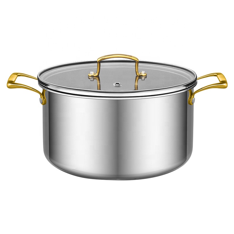 Custom Cookware 18-24cm Tri-ply Stainless Steel Gold Handle Induction Bottom Stock Pot Dutch Oven Cooking Pot Casserole