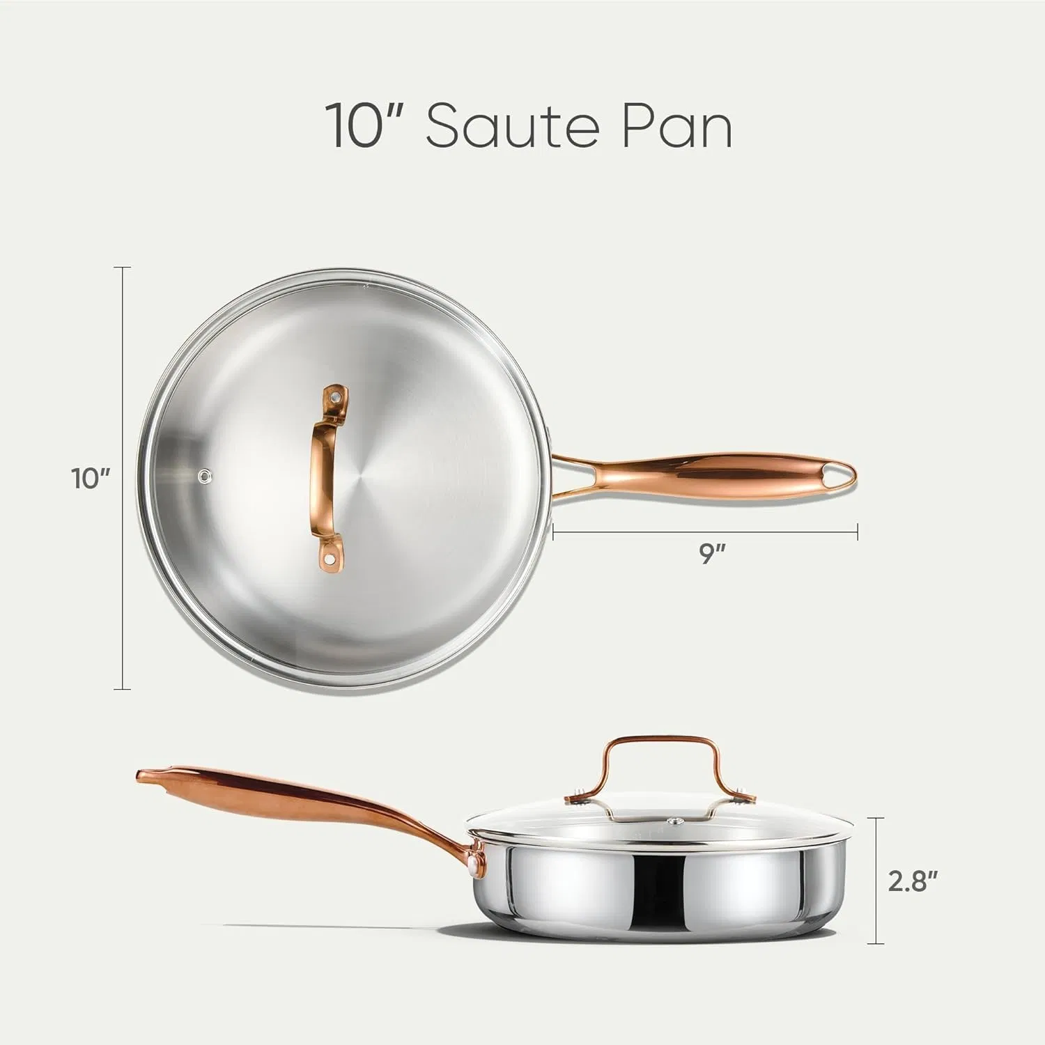10" Tri-Ply Stainless Steel Deep Frying Pan with Lid, Non-Toxic Saute Pan, Oven Safe, Induction, Ceramic and Gas Cooktops Compatible, Silver