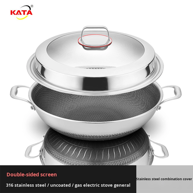 316 Double-Ear Stainless Steel Wok 40 42 Large Non-Stick Flat Bottom Household Cooking Pan Low Oil Smoke Double-Sided Screen