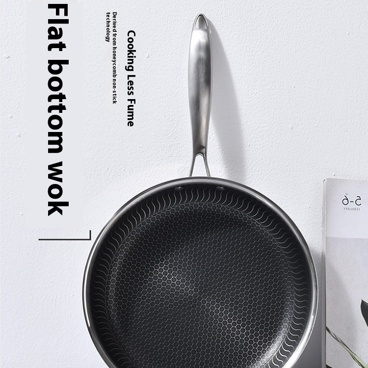 316 Stainless Steel Non-Stick Flat Pan Modern Honeycomb Wok Frying Grill Gas/Induction Compatible 28cm Black CE Certified Pot