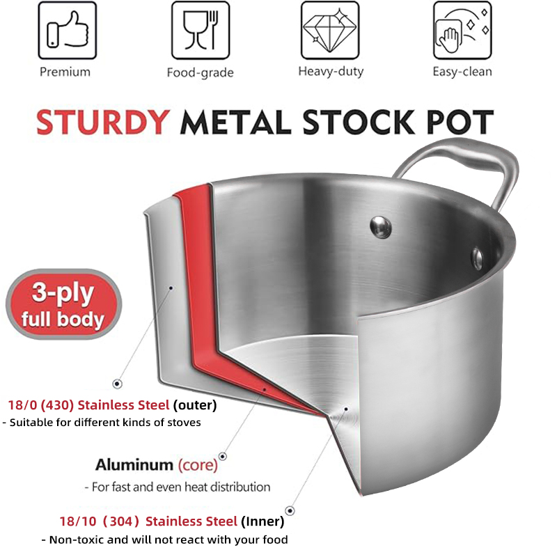 High Quality 304 Stainless Steel Cooking Stew Pots Non Stick Kitchen Induction Cooker Stainless Steel Soup Stock Pasta Pots