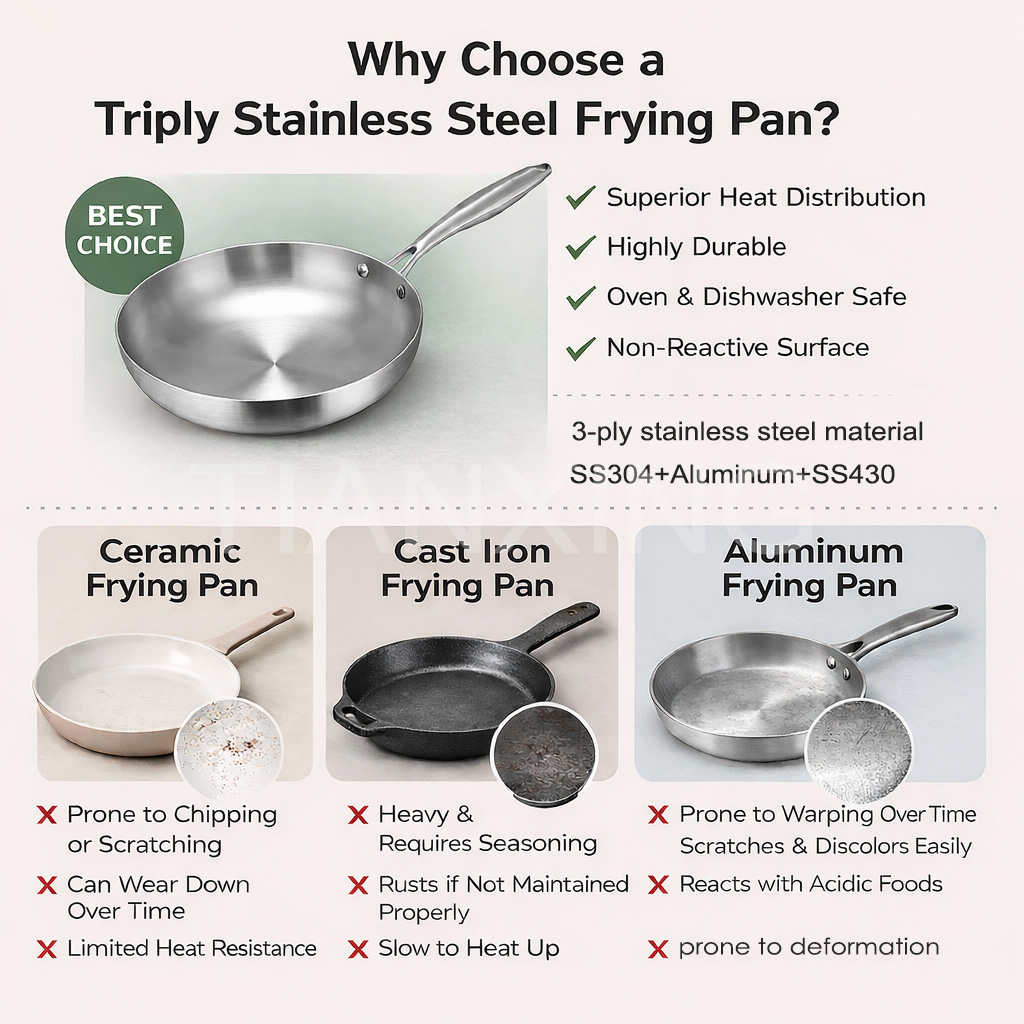 TIANXING Fully Clad Tri Ply Stainless Steel Frying Pan Honeycomb Nonstick Skillet Professional Chef Cookware for Restaurant