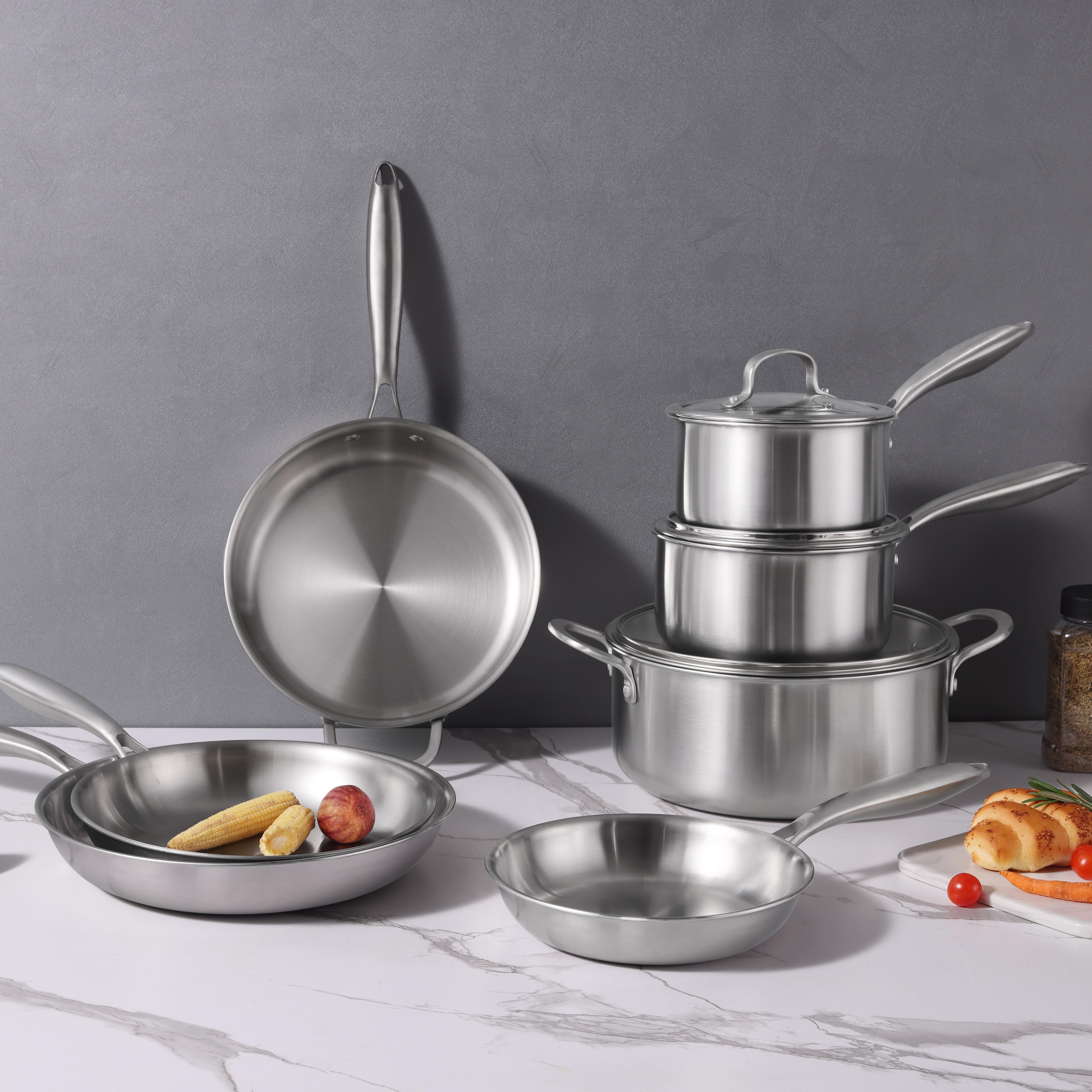 Premium Frypan Stainless Steel Mirror Finish Tri-Ply Clad No Coating Quick Heating Even Heat Distribution Skillet