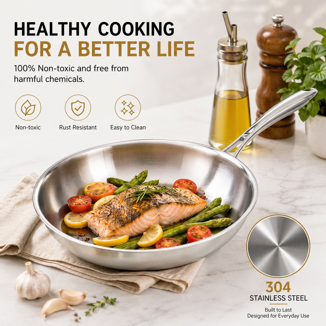 YITIAN High Quality Home Cooking Durable Nonstick 304 Stainless Steel Coating Frying Pan Cooking Whit Lid Cookware Set