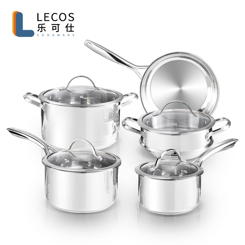 LECOS New Product Ideas Good Quality Kitchen Frying Pan Steamer Pot Set 9-Piece Cookware Set Stainless Steel with Steel Lids