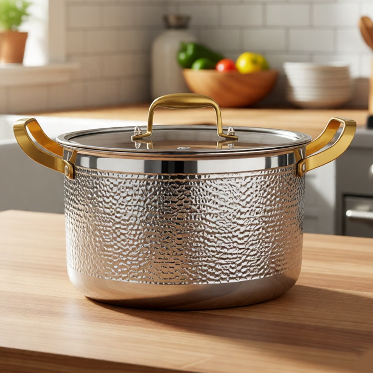 3 Ply Golden Soup Pot 304 Hammered Stockpot Stainless Steels Cookware Stock Soup Pot for Kitchen Cooking Non-Toxic Safe