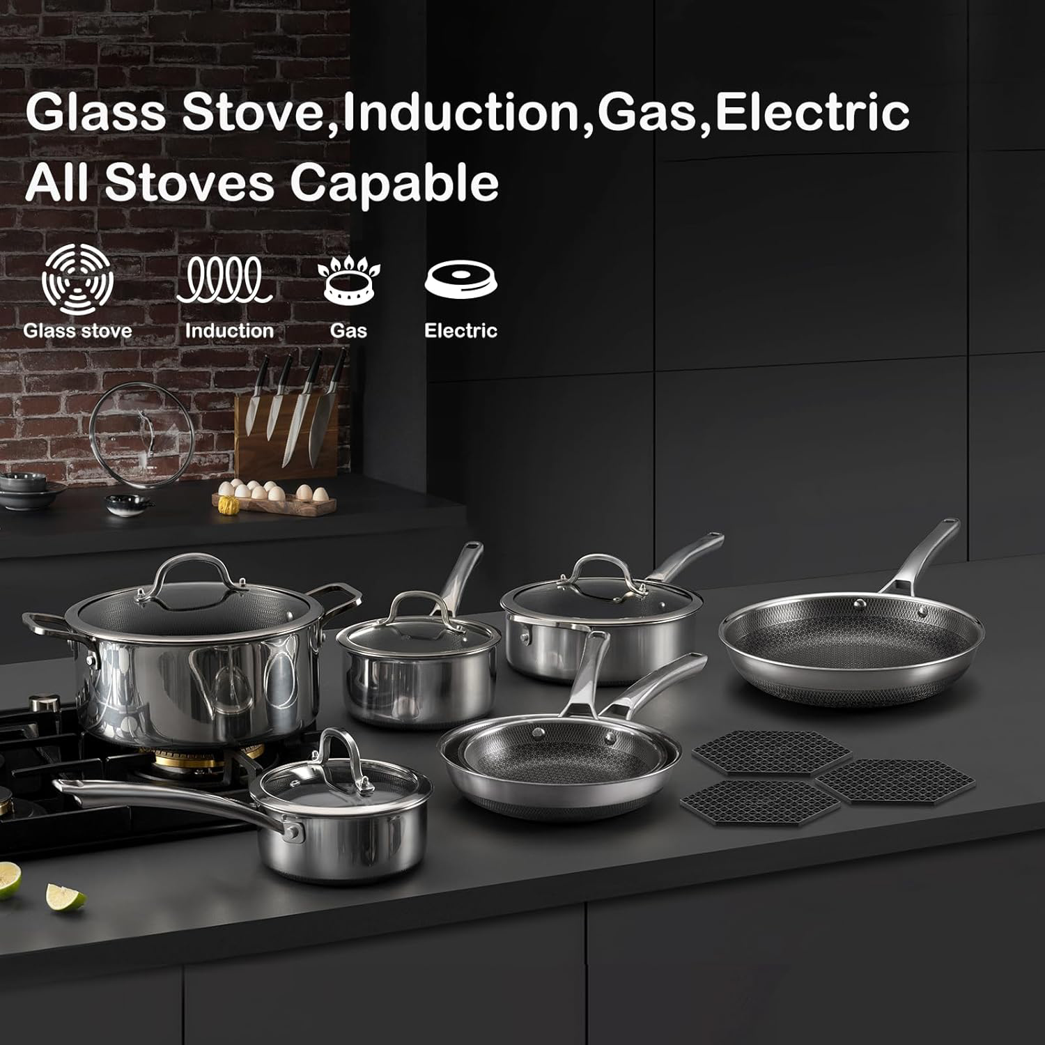 Stainless Steel 11-Piece Cookware Set Pots and Pans Non-Stick Frying Pans Saucepans Oven Safe Gas &amp; Induction Ready