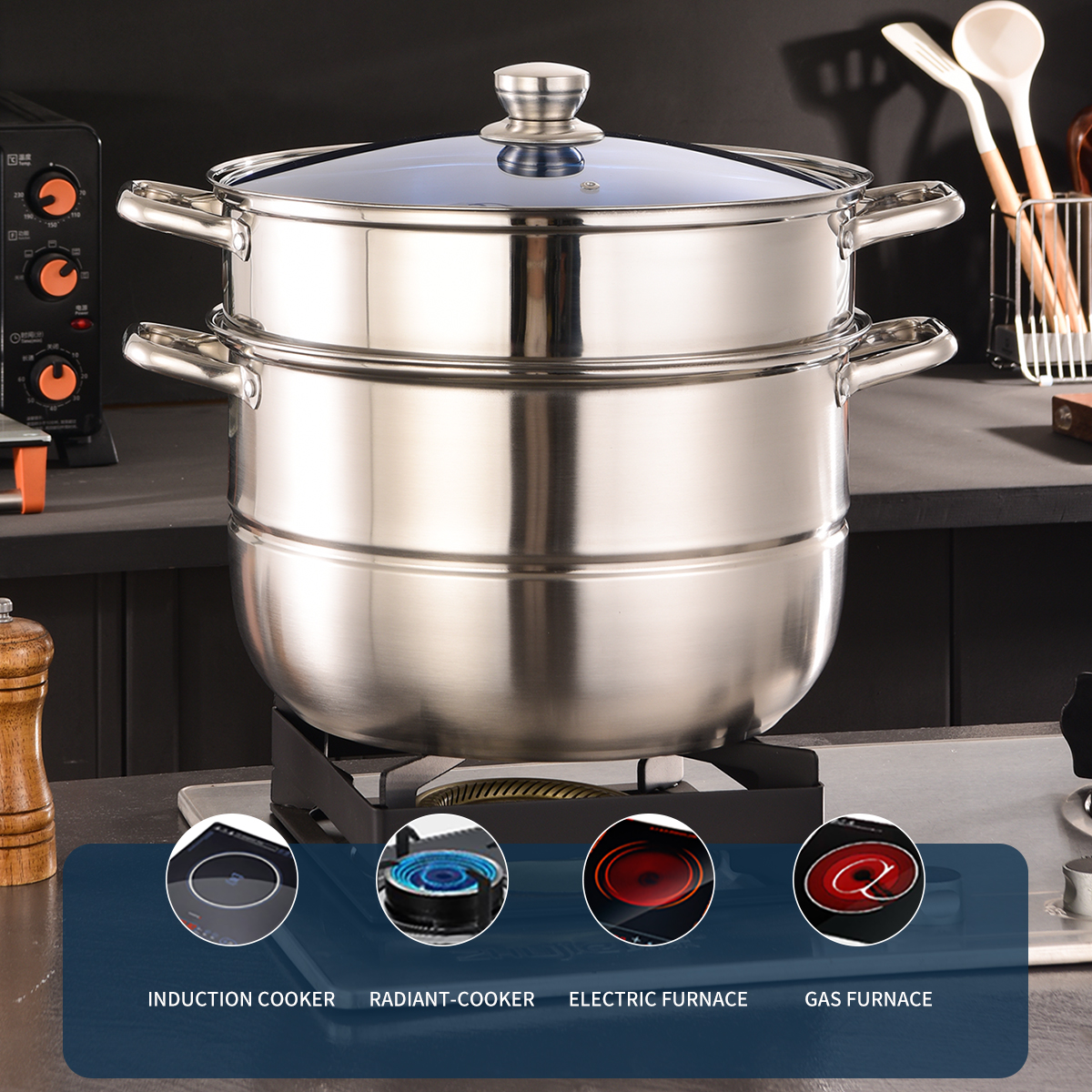 Stainless Steel Kitchen 10-Piece Cookware Set Eco-Friendly Home Cooking Soup Pot Steamer Pot Steamer Basket Large Capacity Home