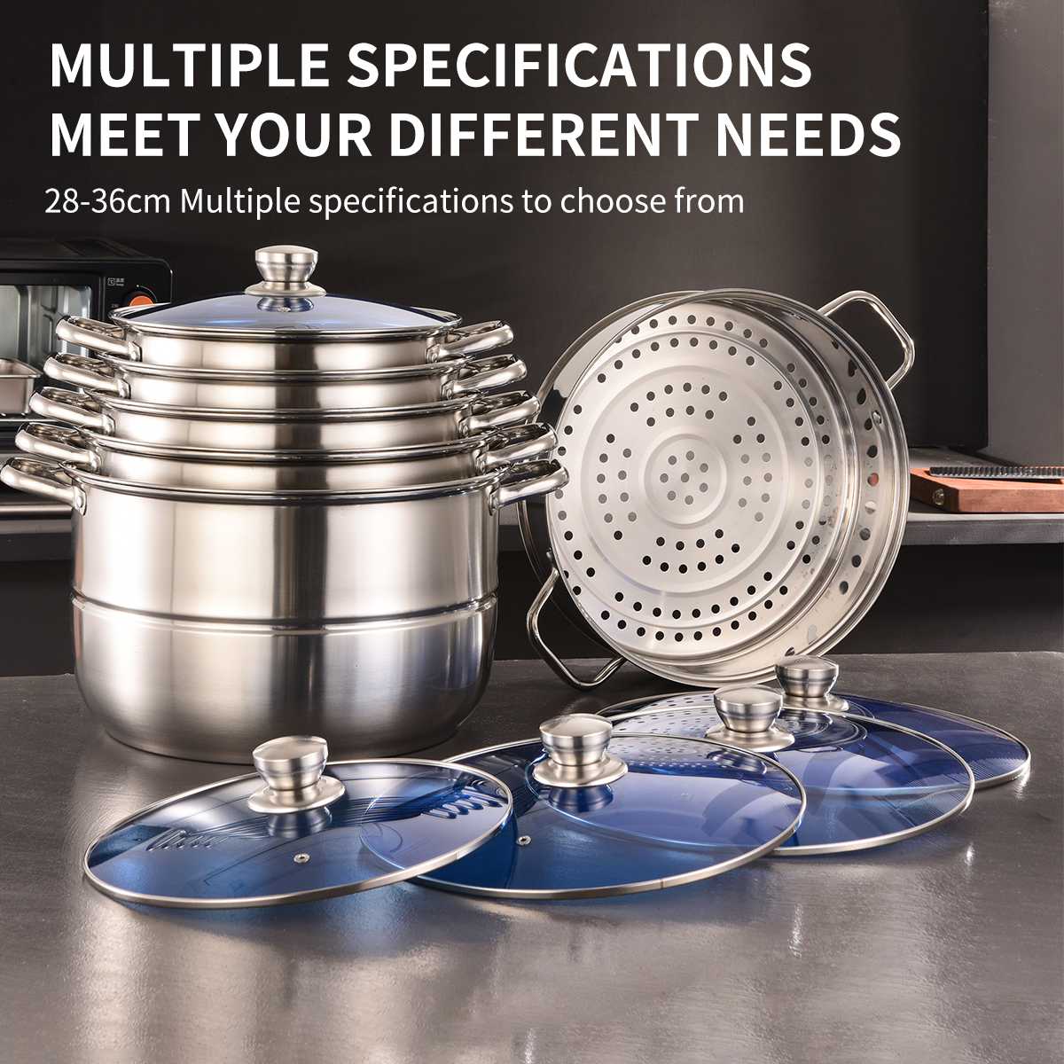 Stainless Steel Kitchen 10-Piece Cookware Set Eco-Friendly Home Cooking Soup Pot Steamer Pot Steamer Basket Large Capacity Home