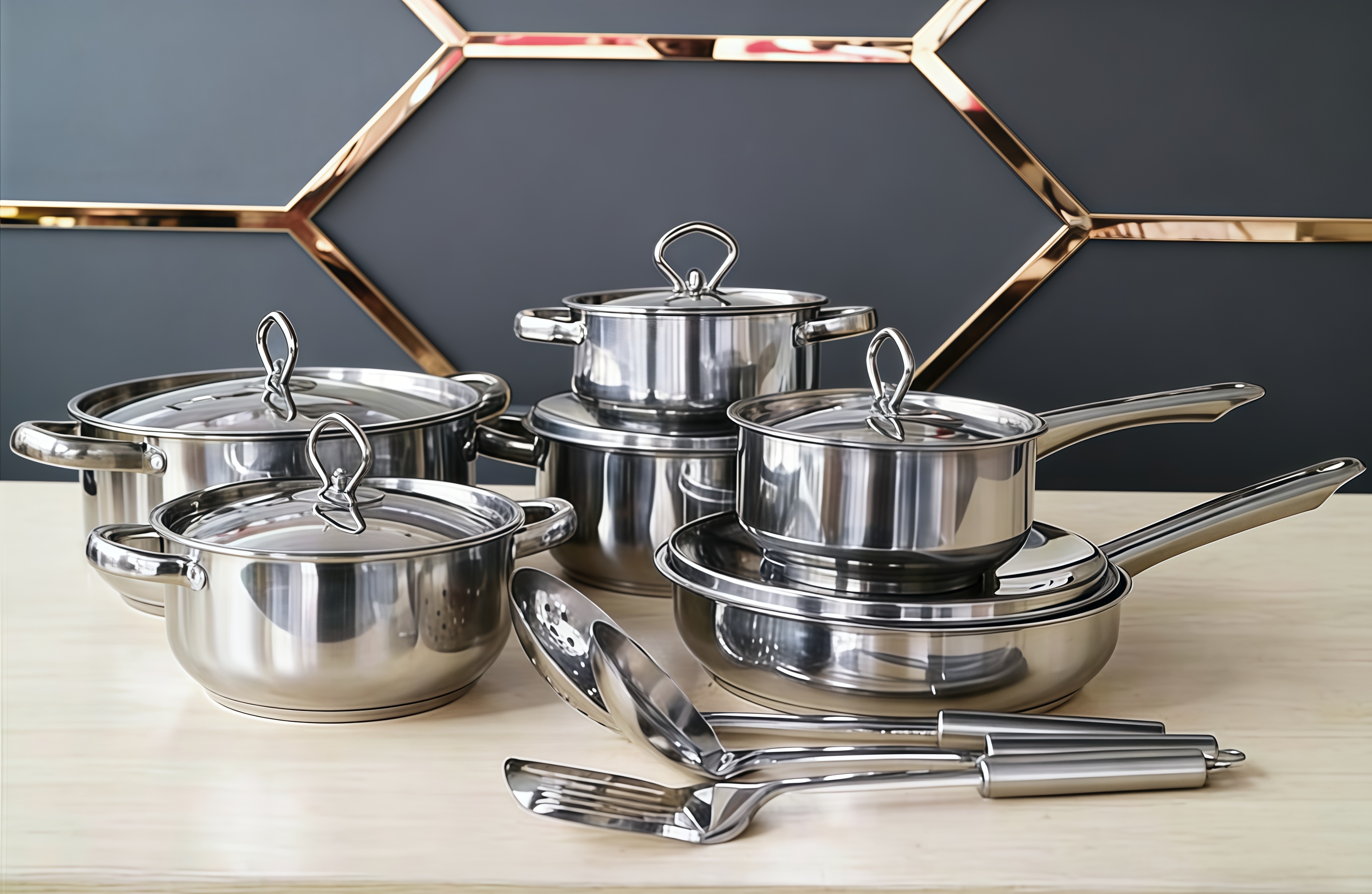 High Quality Luxury Kitchen Cookware Sets Triply Stainless Steel Gold Handle Casserole Induction Bottom 15pcs Cooking Pot Set