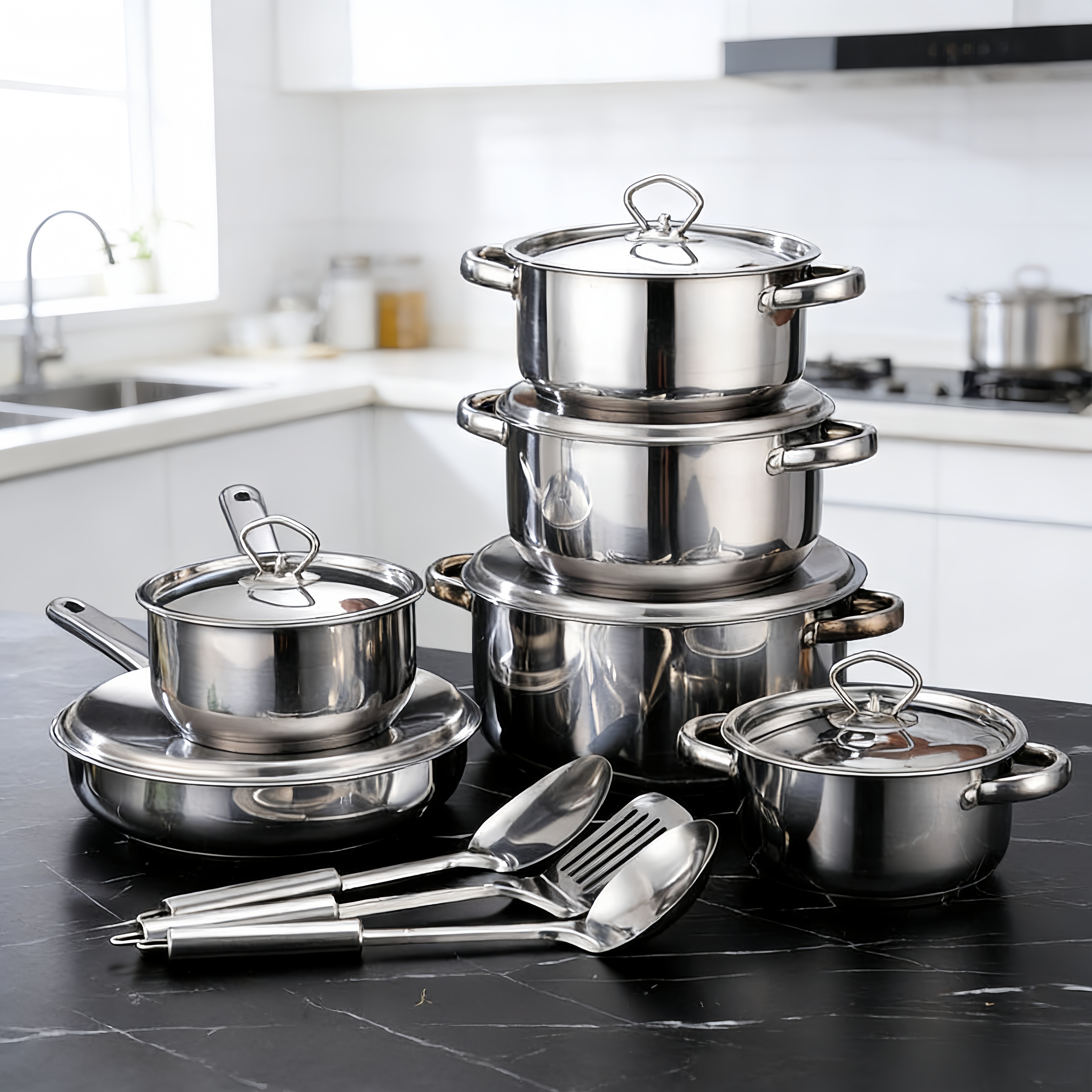 High Quality Luxury Kitchen Cookware Sets Triply Stainless Steel Gold Handle Casserole Induction Bottom 15pcs Cooking Pot Set