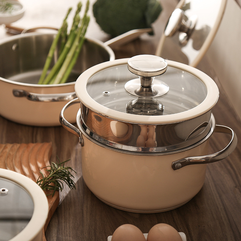 New Durable Paint Cooking Pot Pans Saucepot Saucepan Frying Pan Nonstick Stainless Steel Handle Cookware Sets