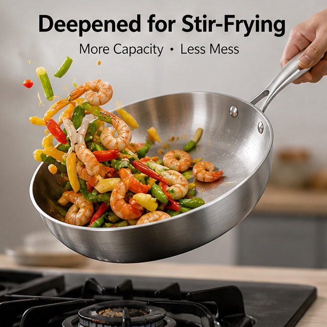 304 Stainless Steel Thickened Three-Layer Uncoated Non-Stick Fluorine-Free Frying Pan Modern Minimalism Design Glass Lid for Gas