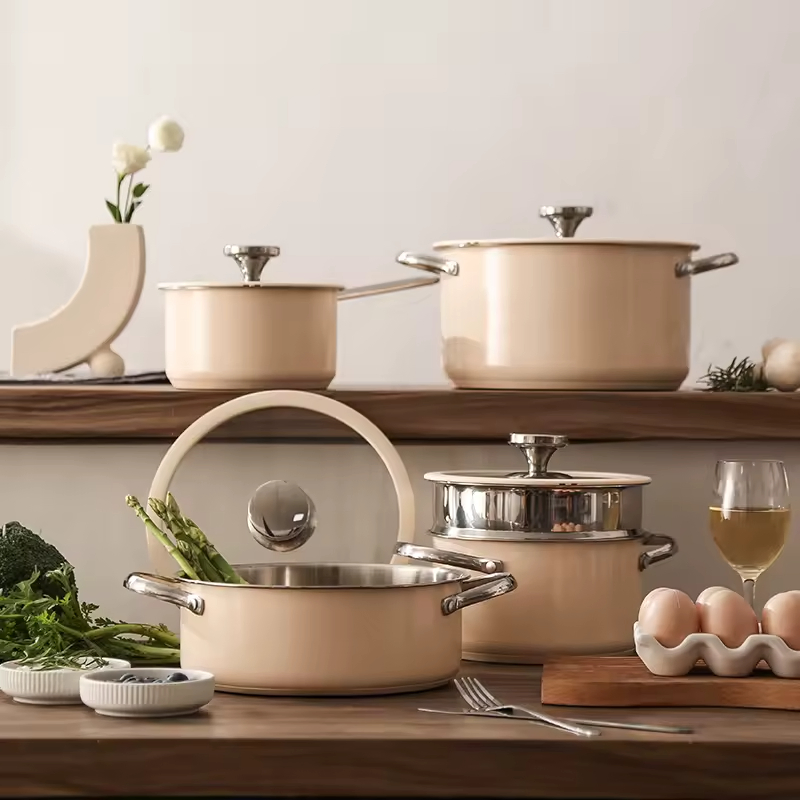 Korean Stainless Steel Colored Paint Kitchen Cook 3 Ply Bottom Cookware Sets with Glass Lid Large Big Soup Milk Pots